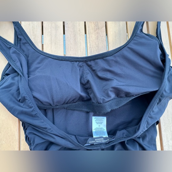 Carmen Marc Valvo Black Ruched One Piece Swimsuit Size 12 NWT Gold Button Detail - Picture 5 of 7